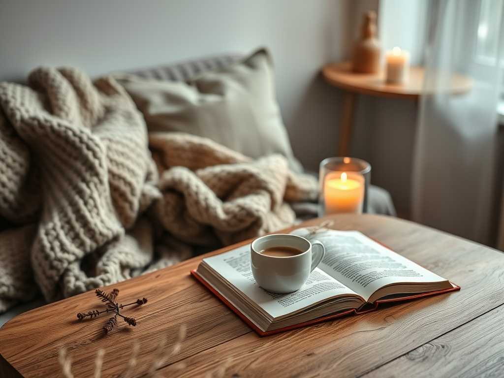 Cozy slow living scene with an open book, warm blanket and candle on a wooden table.