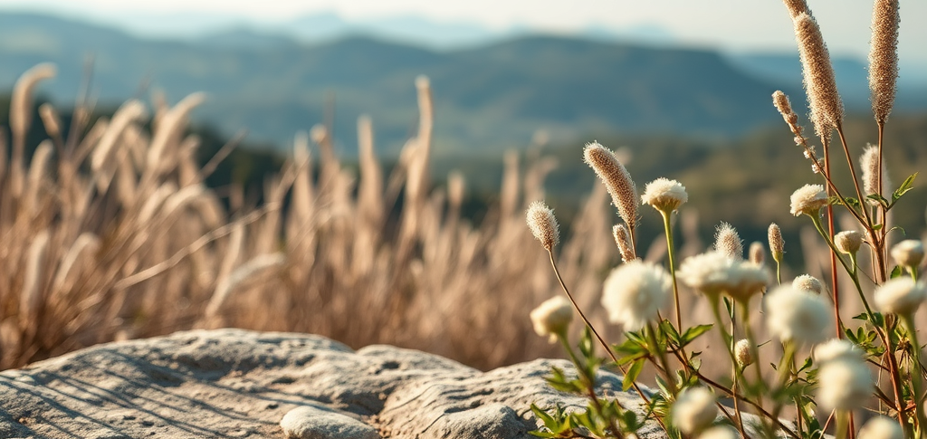 Calm slow living banner with soft grasses, warm sunlight and gentle nature tones.