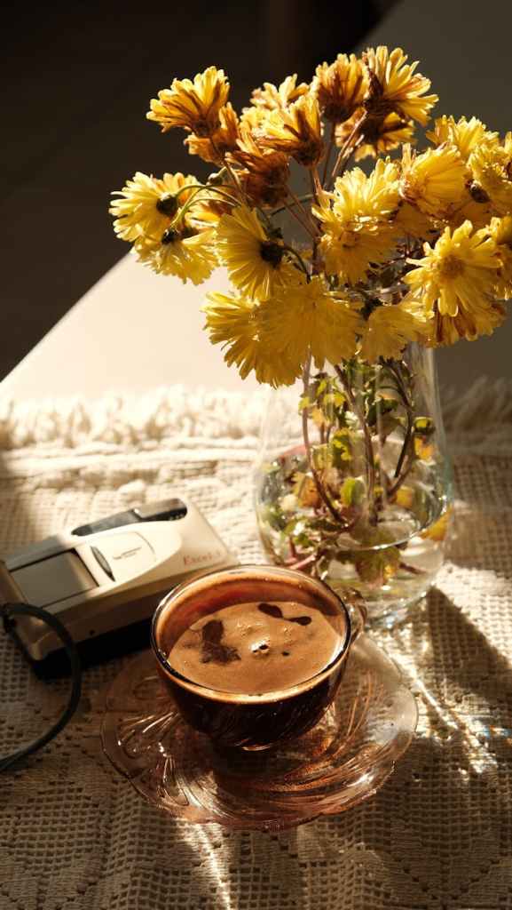 cozy coffee and chrysanthemums still life